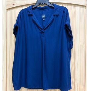 Gap Womens XL Navy Blue Short Sleeve V-Neck Tunic Blouse Cuffed Cap Sleeve Top